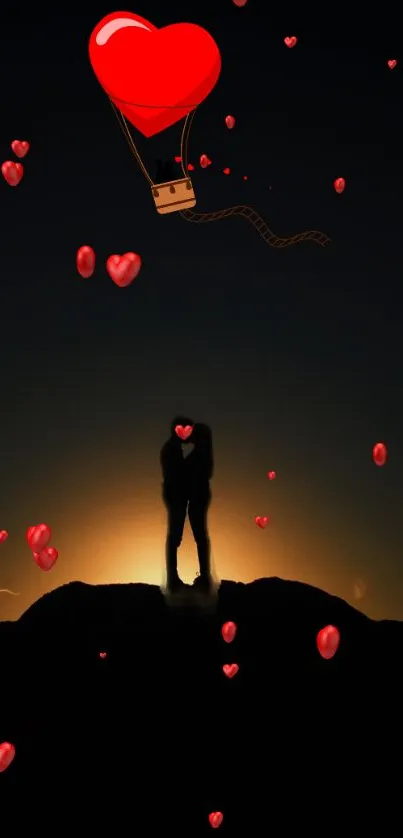 Silhouette of a couple with heart balloons at sunset.