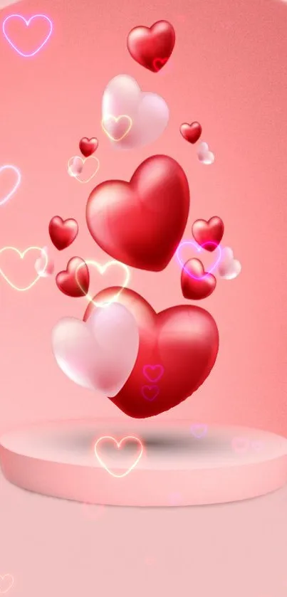 Floating red and pink heart balloons on a soft pink background.