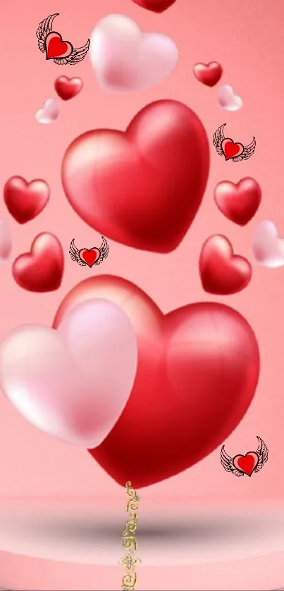 Floating red and pink heart balloons on a pink background.