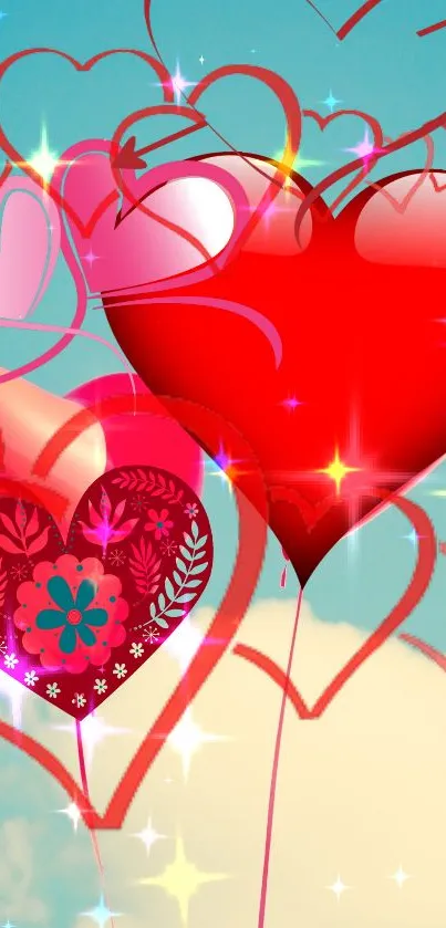 Two red heart balloons float against a clear blue sky with scattered clouds.