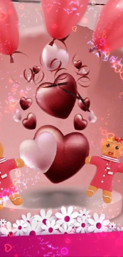 Mobile wallpaper featuring pink heart balloons and gingerbread figures.