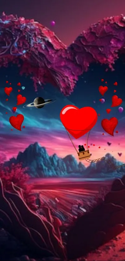 Romantic heart-shaped hot air balloon in a vibrant fantasy landscape.