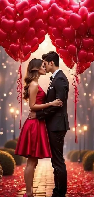 Romantic couple surrounded by red heart balloons on a lit pathway.