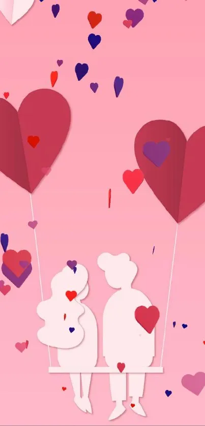 Romantic wallpaper with heart balloons and a couple on a swing.