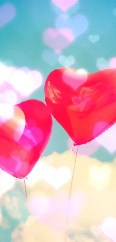 Red heart balloons float in a pastel sky atmosphere.