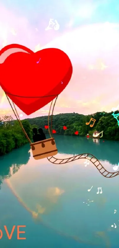 Heart-shaped balloon over a peaceful lake at sunset.