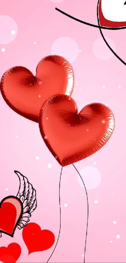 Romantic pink wallpaper with heart balloons.