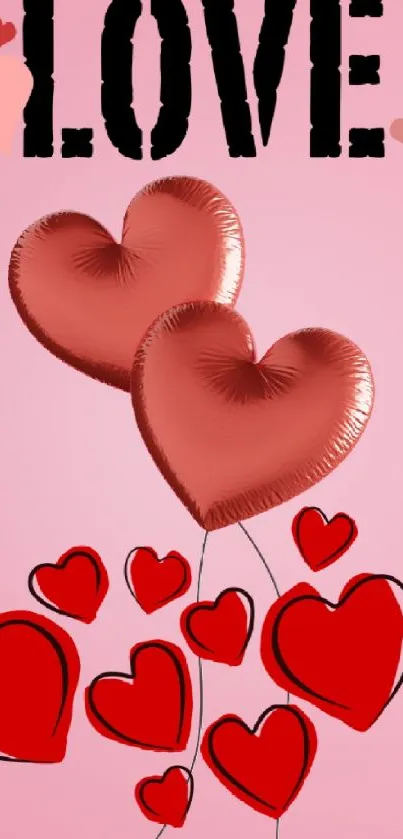 Romantic heart balloons on a pink background with the word love.