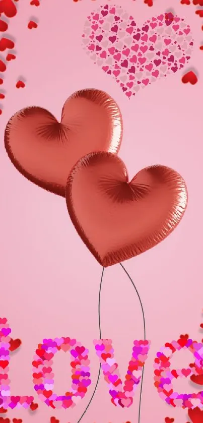 Red heart balloons with pink background and love text.