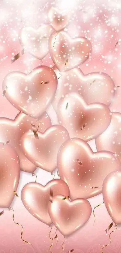 Romantic heart balloons on soft pink background for phone wallpaper.