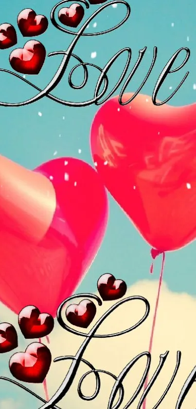 Romantic red heart balloons floating in a blue sky with decorative text.