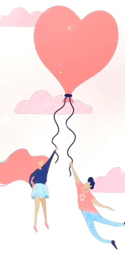 Couple holding a heart balloon in pastel pink sky.