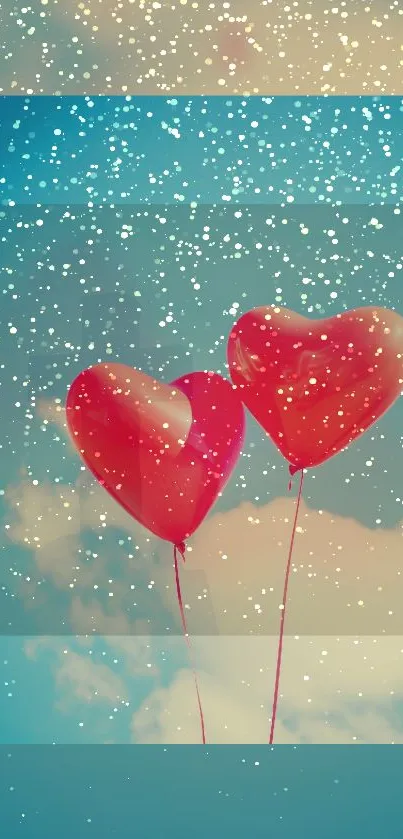 Romantic heart balloons float in a snowy sky.