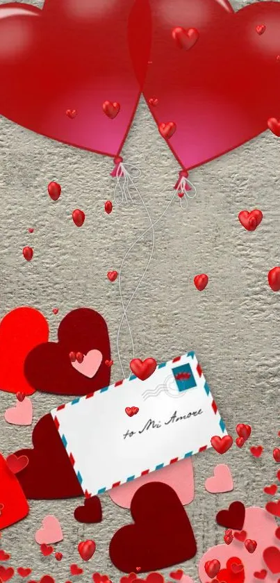 Romantic wallpaper with heart balloons and love letter.