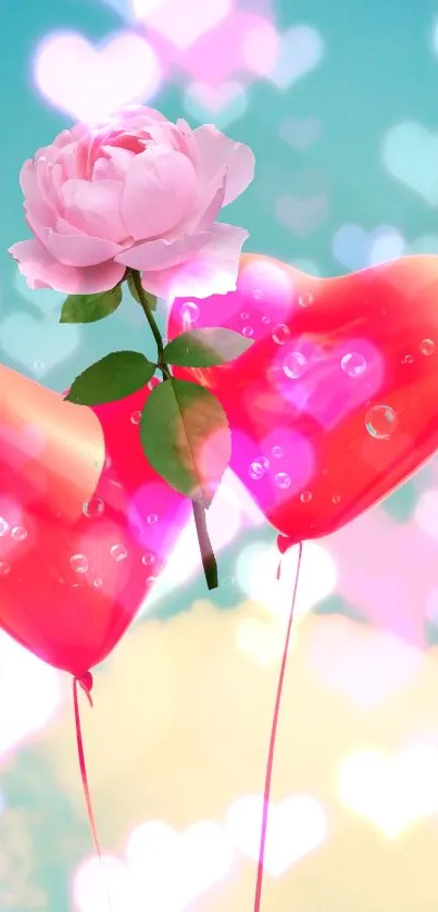 Romantic wallpaper with heart balloons and a pink rose.