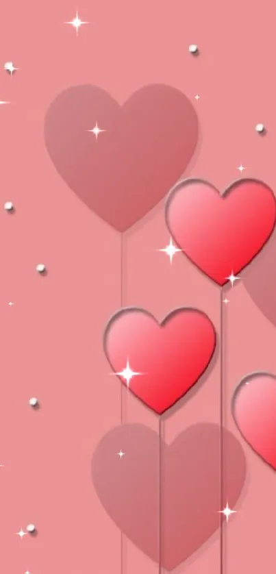 Pink mobile wallpaper with red heart balloons and polka dots.