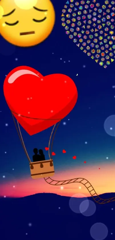 Romantic heart balloon floating with emoji in a vivid sunset sky.