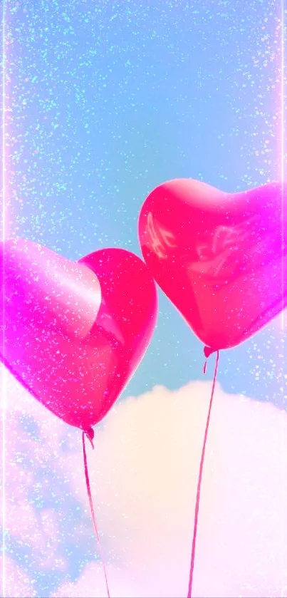 Red heart-shaped balloons floating in a vibrant blue sky with fluffy clouds.