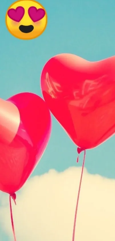 Heart-shaped red balloons float in a bright blue sky, evoking romance and joy.