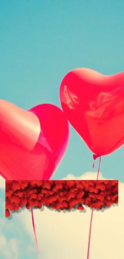 Romantic heart balloons floating in a clear blue sky.