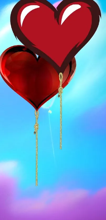 Romantic wallpaper with red heart balloons floating against a blue sky background.