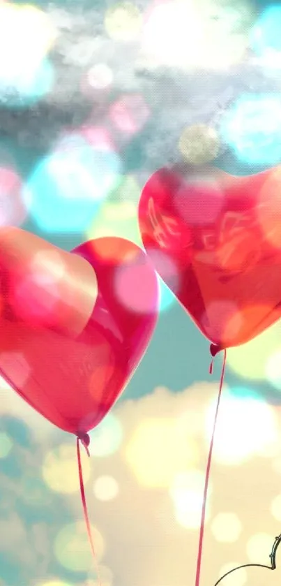 Heart-shaped balloons float in a dreamy sky with colorful bokeh effect.