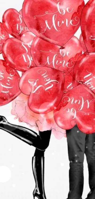 Romantic couple hidden behind heart-shaped love balloons.