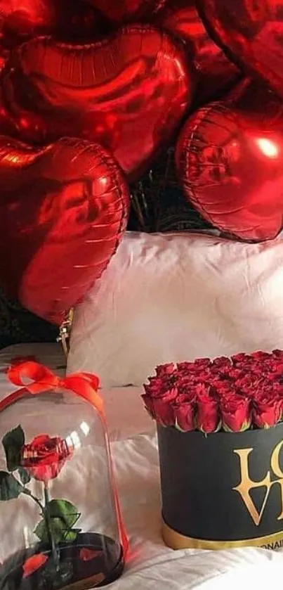 Romantic wallpaper with red heart balloons and roses.