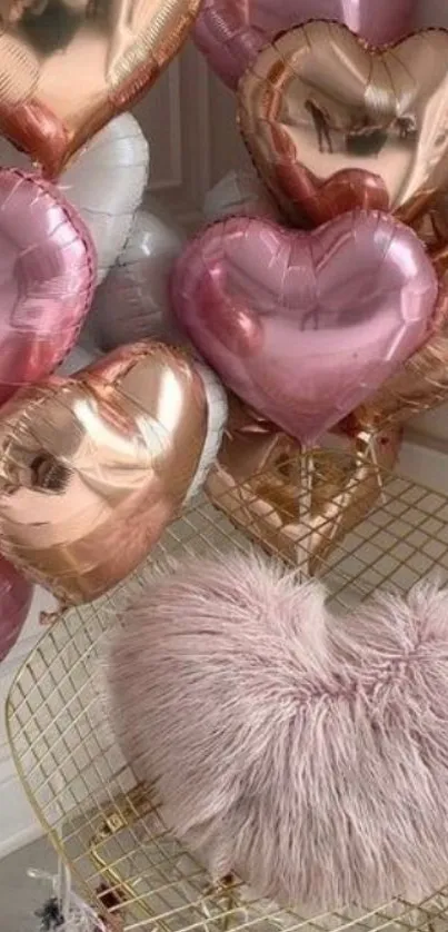 Heart-shaped balloons and fuzzy pillow in pink and gold hues for mobile wallpaper.