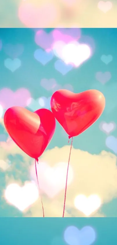 Romantic sky with floating heart balloons in blue ambiance.