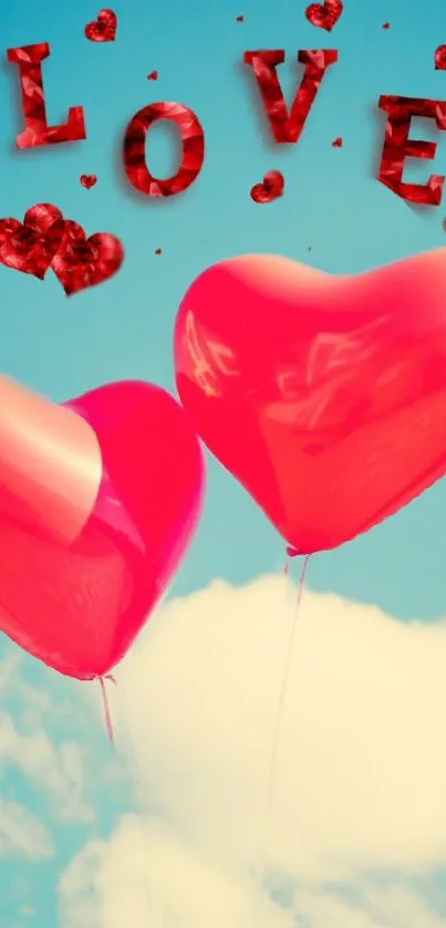 Romantic wallpaper with red heart balloons against a blue sky.