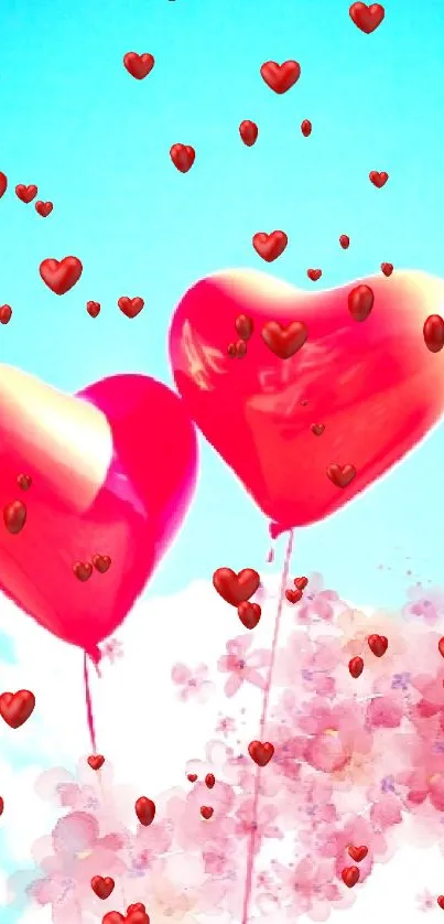 Heart-shaped balloons floating in a blue sky with clouds.
