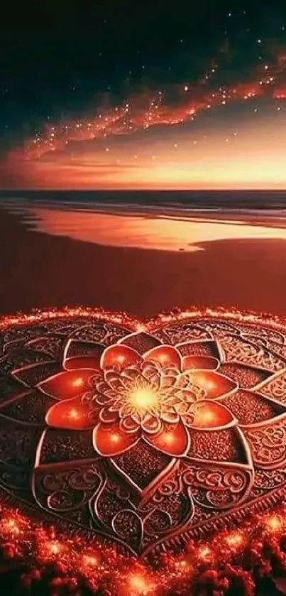 Heart-shaped mandala with sunset beach background.