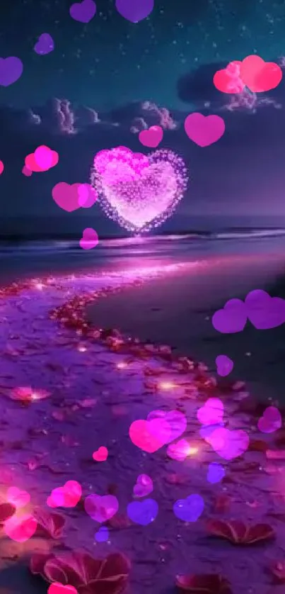 Heart-shaped light over a purple petal path on a beach.