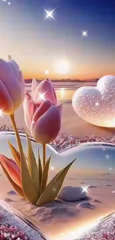 Romantic beach sunset wallpaper with pink tulips inside a shimmering heart.