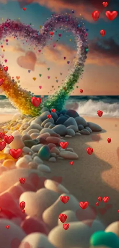 Heart stones on a vibrant beach at sunset with colorful lights.