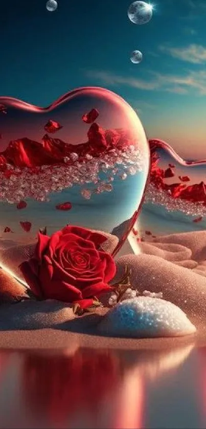 Romantic wallpaper with hearts and red roses on a sunset beach.