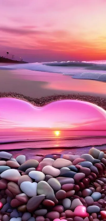 Heart-shaped landscape with pink sunset on the beach.