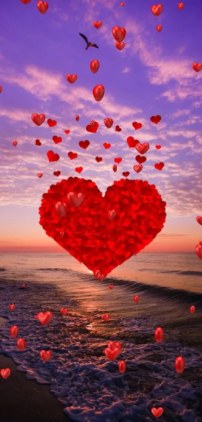 Romantic heart-shaped rose petal cloud sunset over an ocean beach.