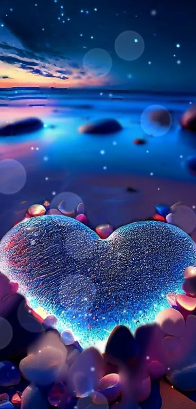 Glowing heart on a colorful pebble beach under a starry night sky.