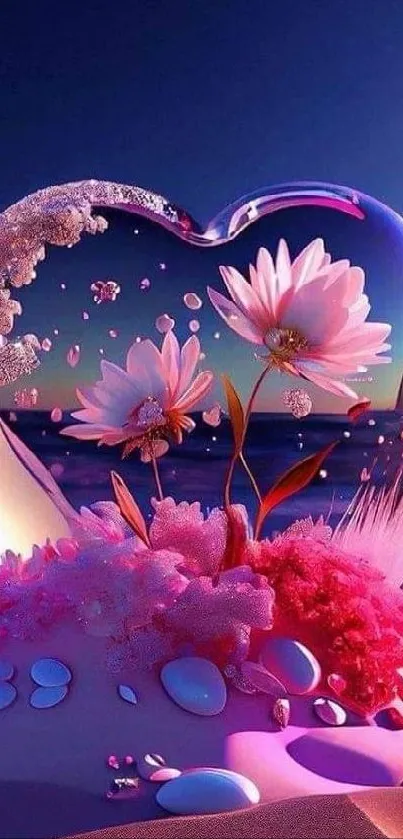 Romantic heart of flowers on moonlit beach.