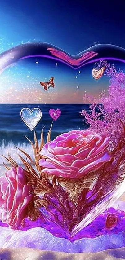 Heart-shaped glass with pink flowers on a beach backdrop.