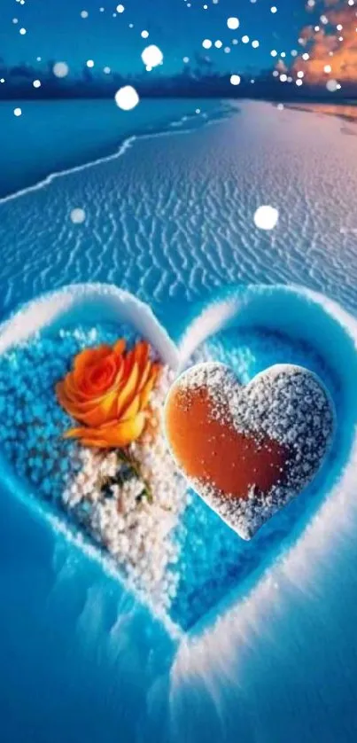 Heart-shaped beach with orange rose and blue ocean backdrop.