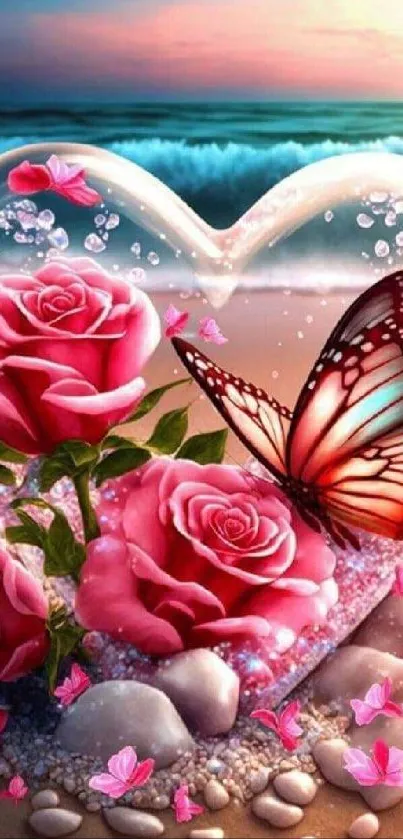 Romantic beach wallpaper with heart, roses, and butterfly.