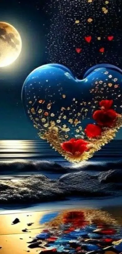 Romantic beach scene with a heart, moon, and ocean reflection.