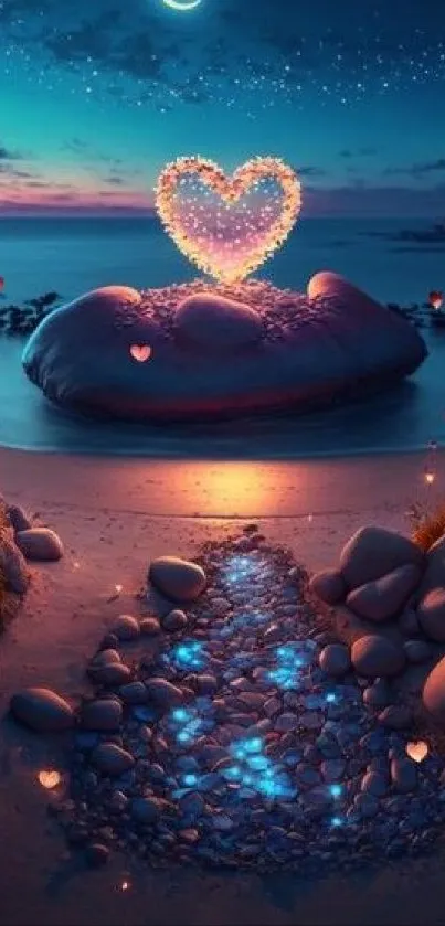 A glowing heart on a tranquil beach at night with a crescent moon in the sky.