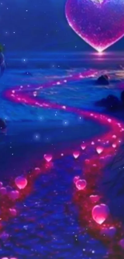 Romantic glowing heart beach wallpaper with starry night.
