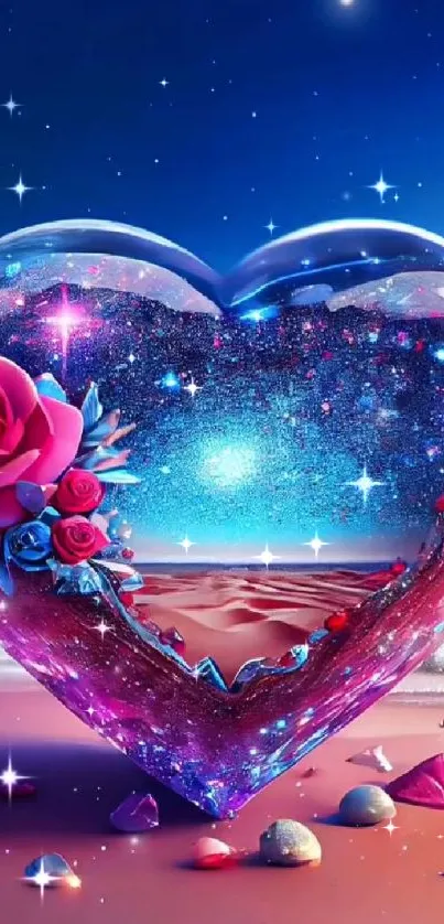 Heart-shaped beach scene with roses and stars.