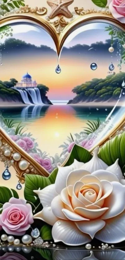 Romantic heart-shaped beach view with flowers and sunset.