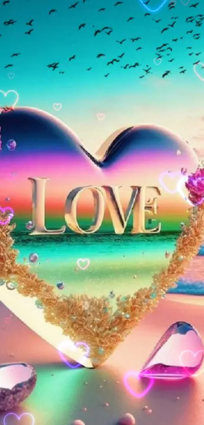 Romantic sunset wallpaper with heart design on beach.